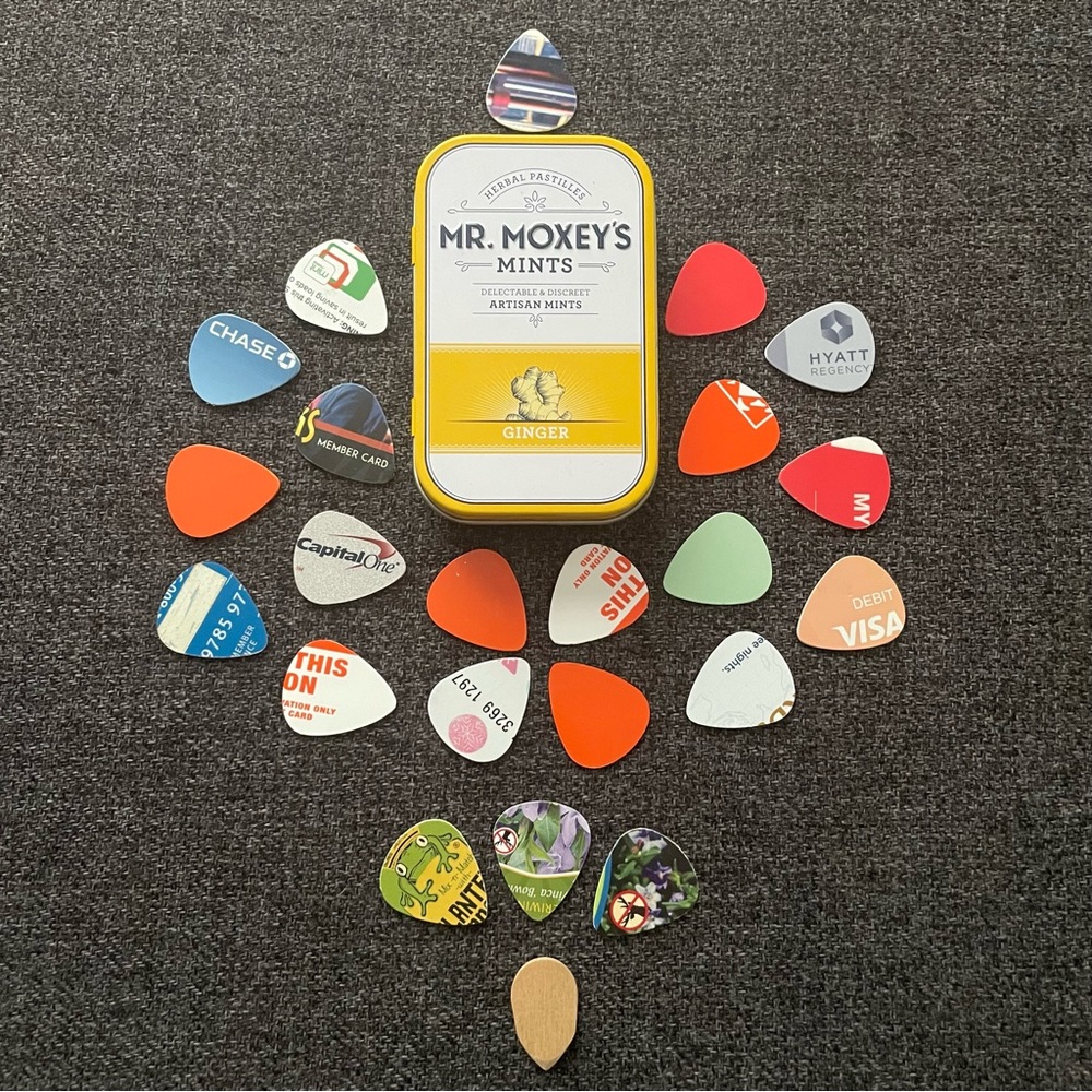 23 Homemade Guitar Picks in an Upcycled Storage Tin